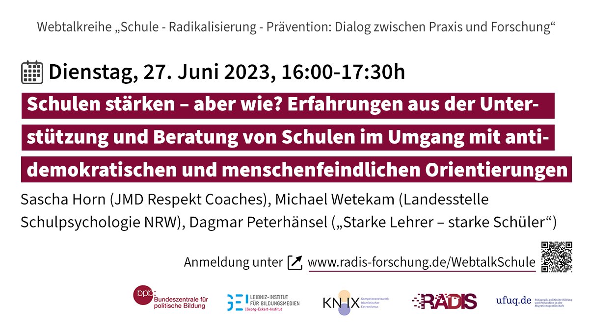 RADIS_Forschung's tweet image. Wie können Lehrkräfte mit antidemokratischen und menschenfeindlichen Orientierungen umgehen?#Radikalisierung #Prävention 

#Webtalk am 27.6. mit Sascha Horn, Michael Wetekam, &amp;amp; Dagmar Peterhänsel

In Koop. mit @bpb_de, #KNIX &amp;amp; @GeorgEckert ↓