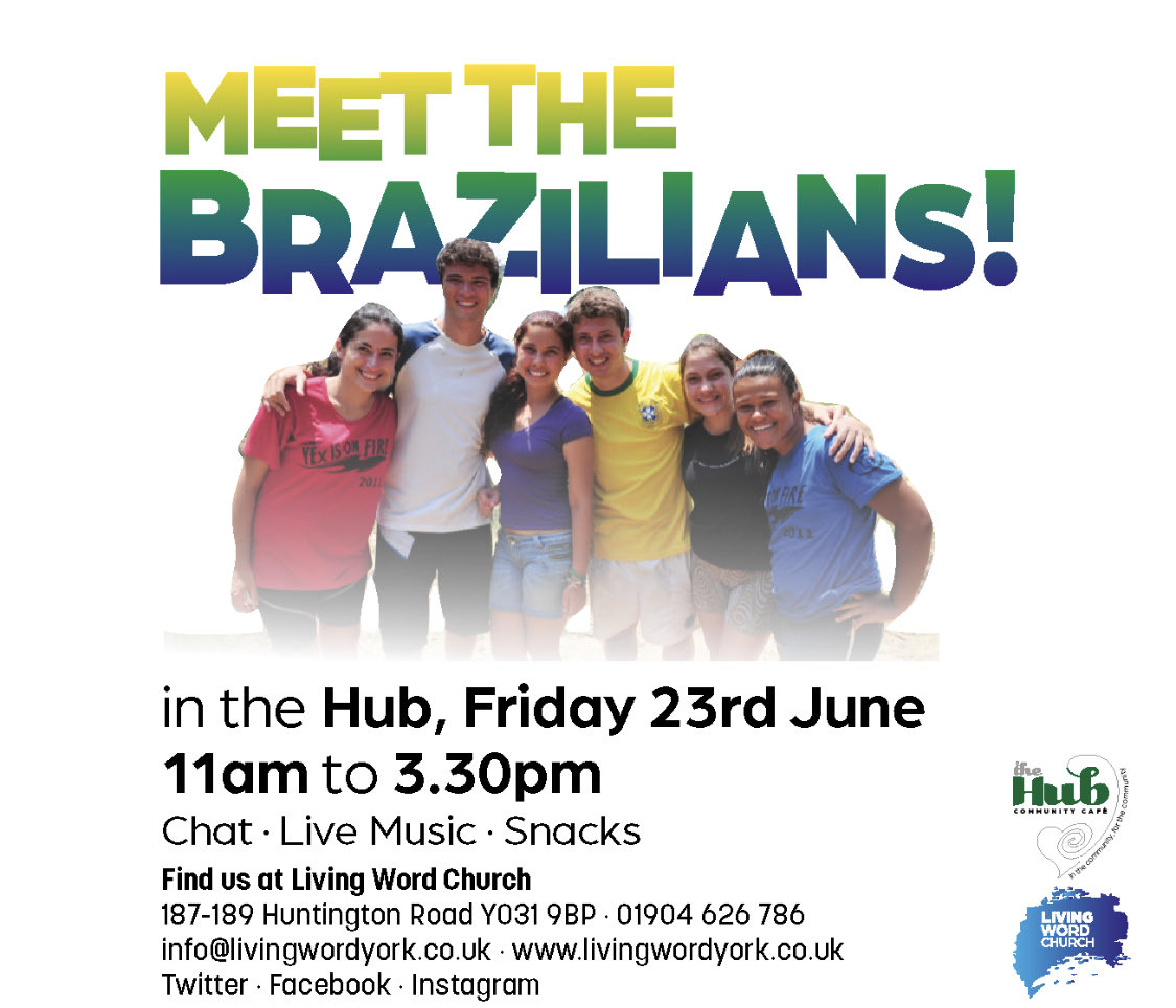 Livingwordyork's tweet photo. Special event happening tomorrow. Coke down and meet some amazing people all the way from Brazil. We also have live music, great coffee and tasty treats. You don’t want to miss this. https://t.co/mvwKFPeBBR