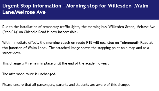 HabsTransport's tweet photo. Urgent information for passengers on morning route F15. https://t.co/CeKi2brCda