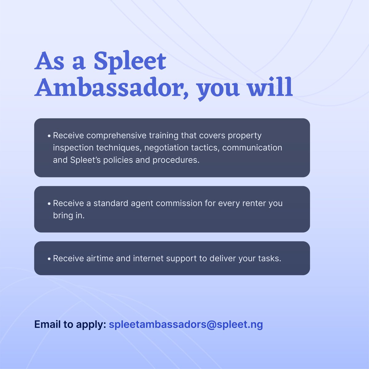 spleetafrica's tweet photo. 🚨 Hiring 🚨

If you're familiar with the real estate market in Lagos (Island or Mainland) and would like to make extra income, tap the link below to learn about and become a Spleet Ambassador. ⬇️

https://t.co/WYSuhO3snc

We can't wait to meet you. 💚💙