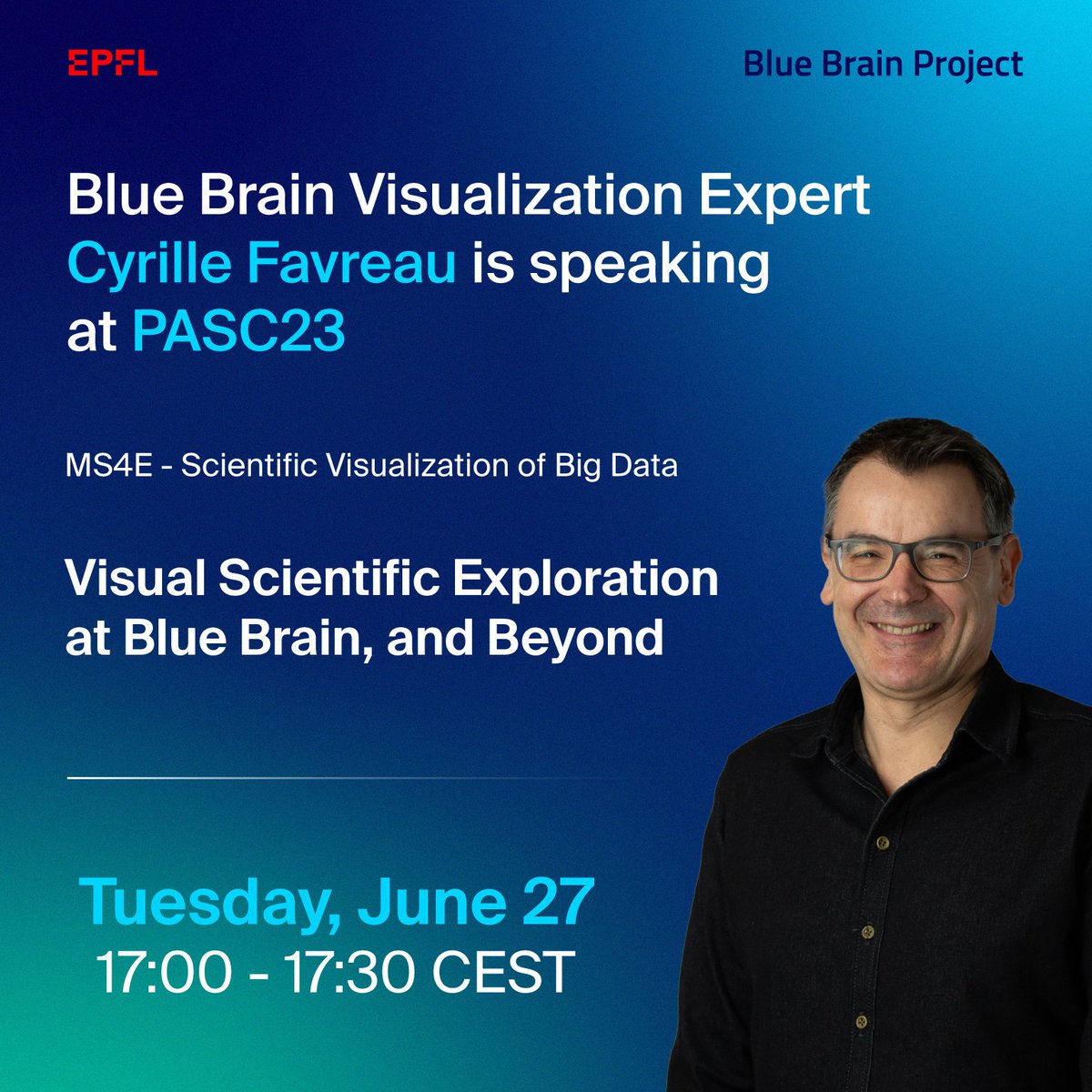BlueBrainPjt's tweet image. Tuesday June 27, catch Blue Brain Visualization Expert @cyrille_favreau speaking at @PASC_Conference in Davos.
- Visual Scientific Exploration at Blue Brain, and Beyond -
Find out more – pasc23.pasc-conference.org/program/
#ScientificVisualization #PASC23 #BigData