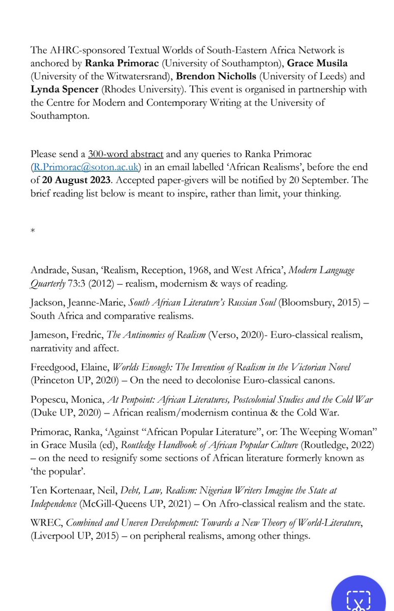 Ranka Primorac (@rankaprimorac) on Twitter photo Calling for proposals: AFRICAN REALISMS & RELATED FORMS, the second <a href="/ahrcpress/">Arts and Humanities Research Council</a> Textual Worlds of South-Eastern Africa Network symposium, late October 2033. It will be hybrid. All are invited. Please spread the word. #academicevent #AfricanRealisms 🌻 Calling for proposals: AFRICAN REALISMS & RELATED FORMS, the second <a href="/ahrcpress/">Arts and Humanities Research Council</a> Textual Worlds of South-Eastern Africa Network symposium, late October 2033. It will be hybrid. All are invited. Please spread the word. #academicevent #AfricanRealisms 🌻