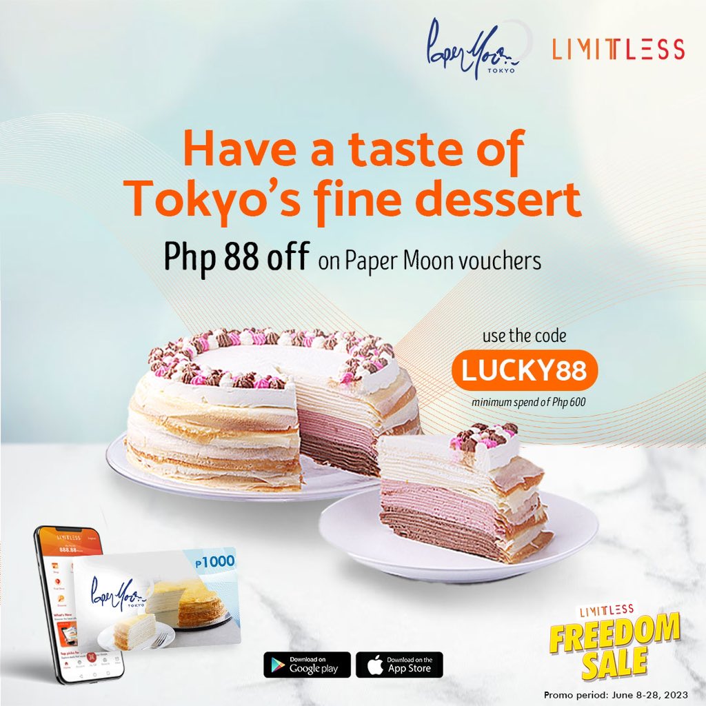 Don't miss the chance to satisfy your sweet cravings with Php 88 off on Paper Moon Cafe vouchers! Use code LUCKY88 with a minimum spend of Php 600.  

Promo period: June 8-28, 2023
For more details, visit bit.ly/freedomsale2023. 

Download the app now! bit.ly/LIMITLESSAPP