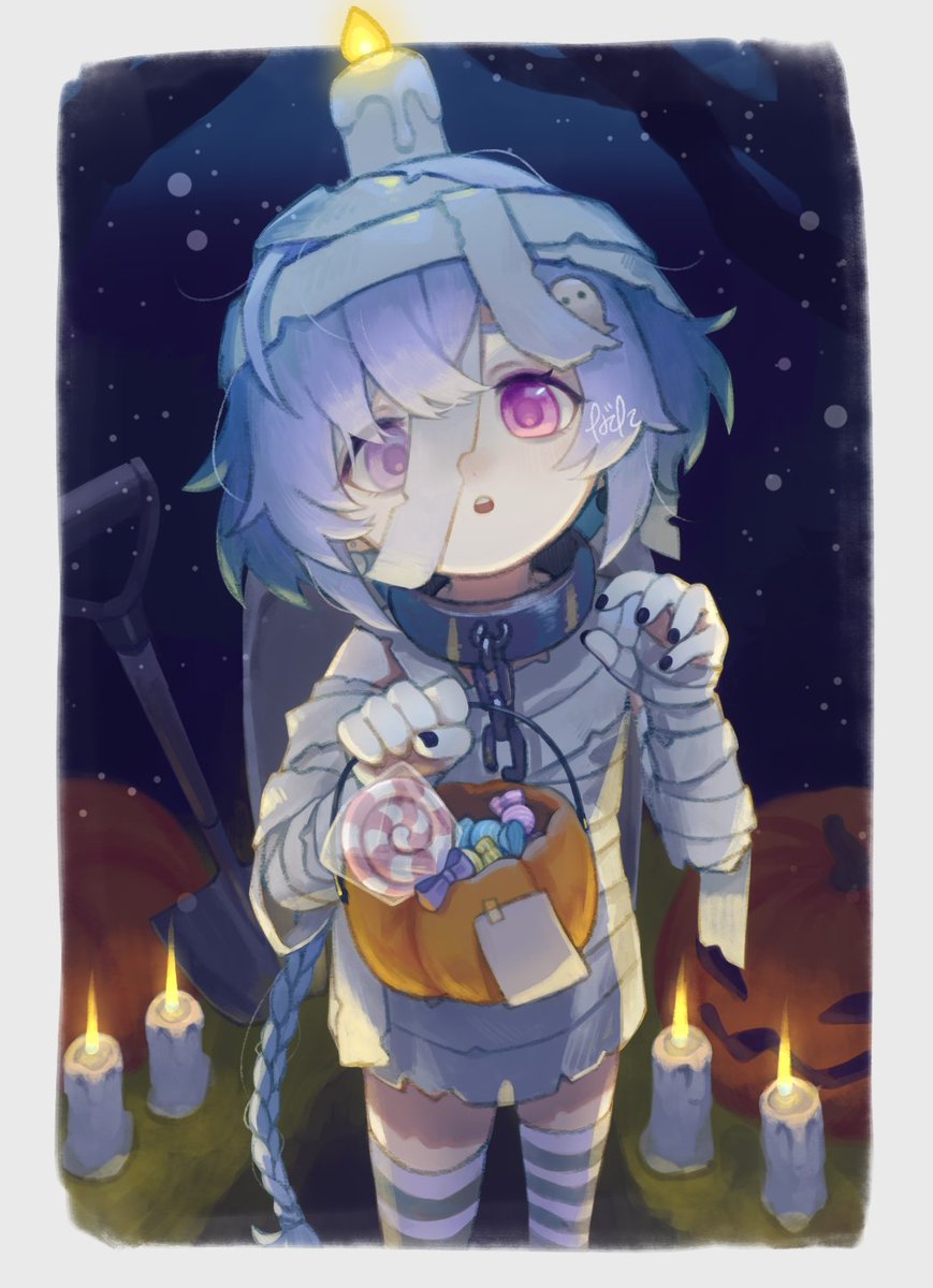 qiqi (genshin impact) 1girl candle food candy halloween bucket solo purple hair  illustration images