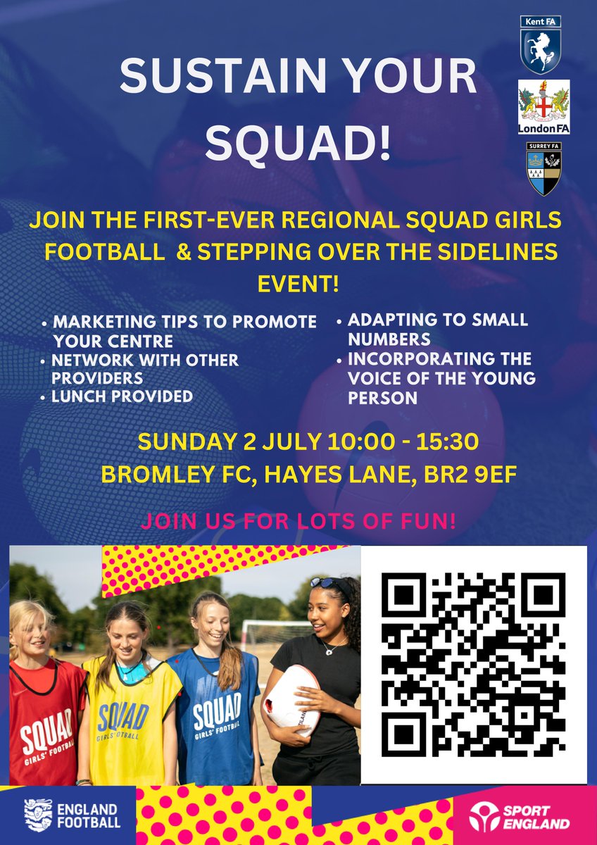 Join us on 2 July at <a href="/bromleyfc/">Bromley FC</a> for a day dedicated to #SquadGirlsFootball ⤵

🔹Learn more about the programme
🔸Top tips for current/new providers
🔹Stepping over the Sildelines workshop

Open to clubs and individuals across the south! 

Register here - bit.ly/SGFDay23
