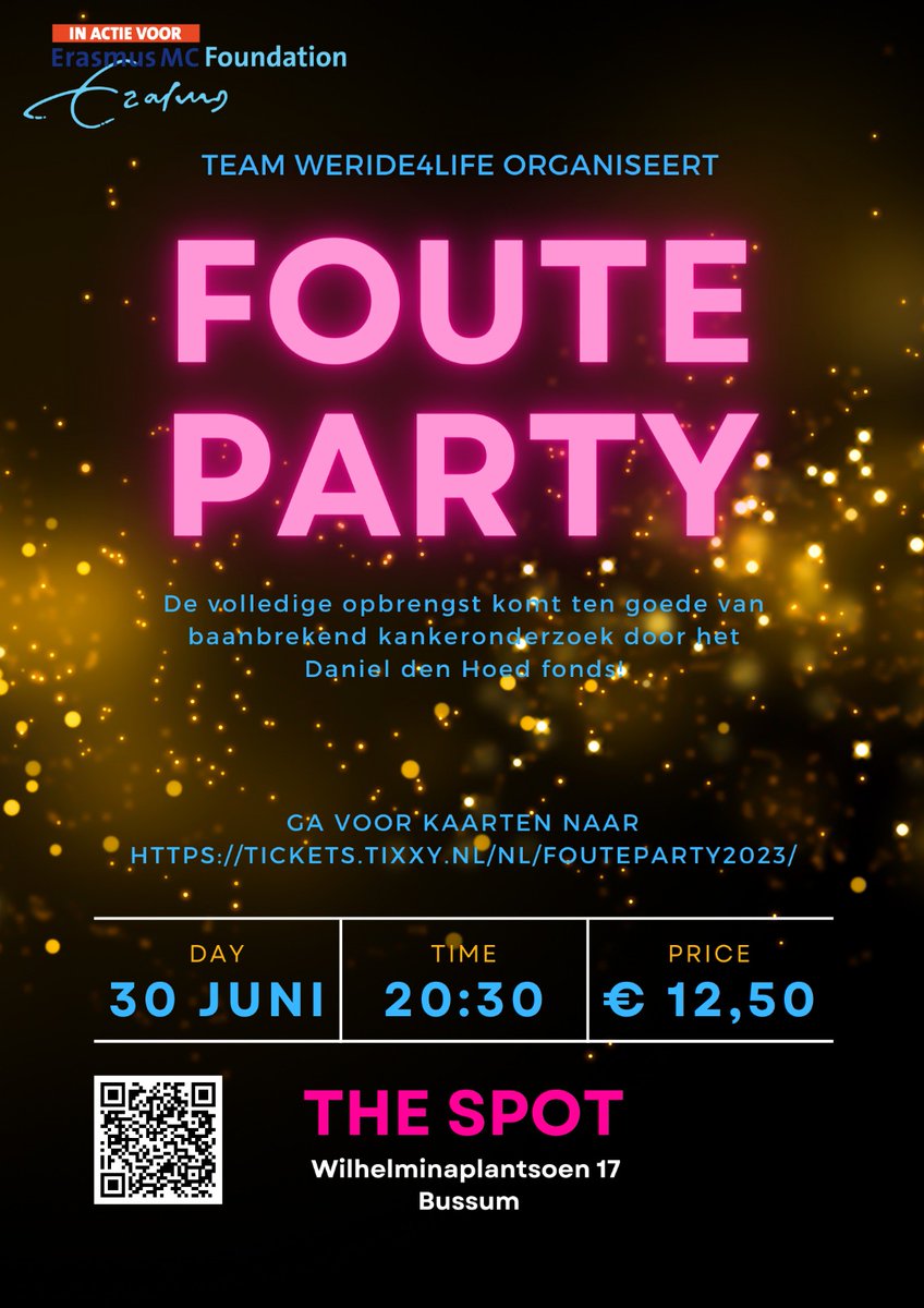 Dansen voor het goede doel! Kaartjes zijn nu te bestellen voor € 12,50 per persoon via,  tickets.tixxy.nl/nl/fouteparty2………………  #Feest #Bussum
#tourforlife #Tixxynl #Almere #Ally #Goededoel #Sponsorgezocht #DTV #danieldenhoed #thespotbussum #ErasmusMC #InActieVoorErasmusMC