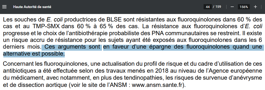 ClaudeSteve6's tweet photo. 5/
Nous adoptons ce qui s'appelle une stratégie d'épargne des Fluoroquinolone, pour préserver au maximum cette classe d'AB aux infections graves résistantes aux autres AB mais sensibles aux FQ. https://t.co/JmZN7d54kV