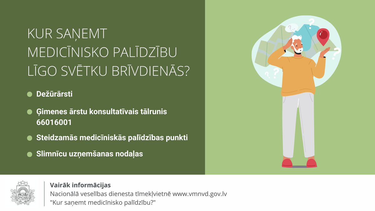 VMNVD's tweet photo. 💚 Pastāsti tuviniekiem un draugiem! Kur vērsties, ja Līgo svētku brīvdienās nepieciešama medicīniskā palīdzība? Vai kāds varēs izrakstīt zāļu recepti? Kā saņemt telefonisku konsultāciju? Atbildes 👉 https://t.co/7DhTGCrbWD