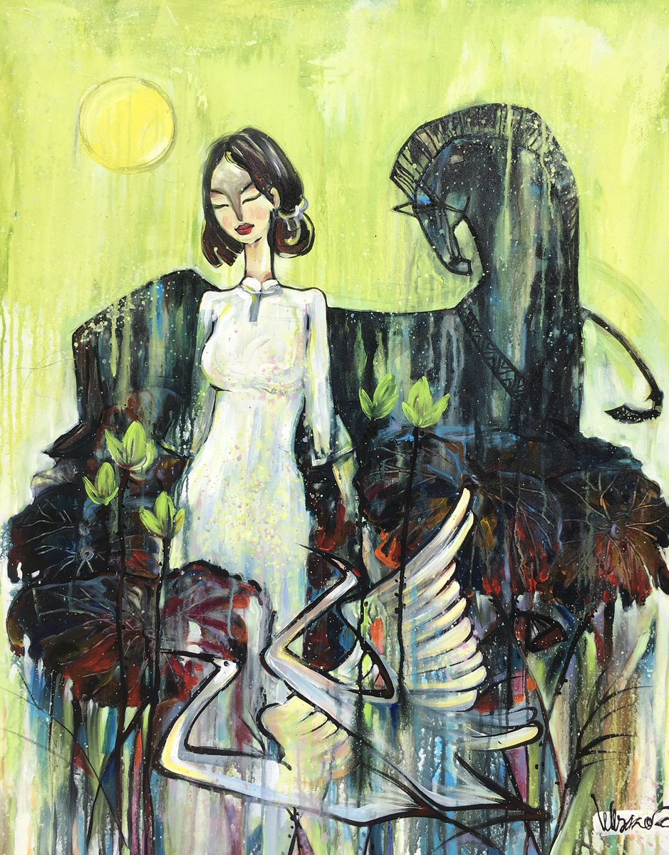 lequangsangart's tweet photo. Artwork: Youth Material: Acrylic Size: 80x100cm Author: Le Quang Sang Content: The main image depicts a beautiful young woman with a desire for life. Horses represent strength. The lotus flower symbolizes pure beauty. Birds symbolize the desire to fly to the future https://t.co/L4WJE6ubS9