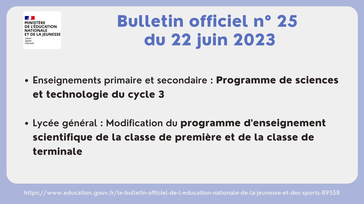 📃 Au #BulletinOfficiel de l'#ÉducationNationale : 

🔹Le programme de #sciences et #technologie du cycle 3
🔹Le programme d'#EnseignementScientifique des classes de première et terminale

#Primaire #Collège #Lycée #Baccalauréat #Programmes📜
➡️ education.gouv.fr/bo/2023/Hebdo25