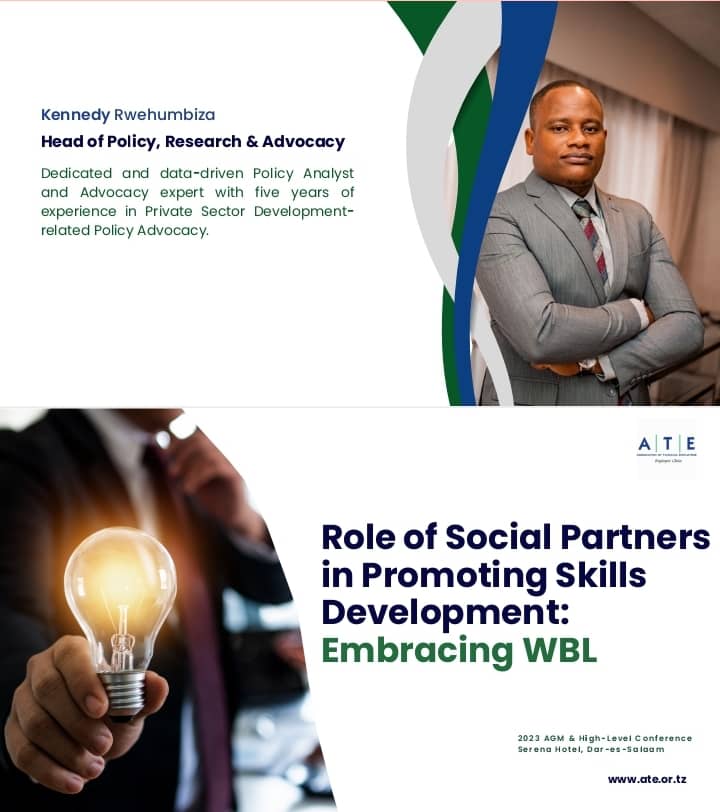 Mr. Kennedy Rwehumbiza Head of Policy, Research and Advocacy from <a href="/ATE_Tanzania/">Association of Tanzania Employers(ATE)</a> Presenting  "Role of Social Partners in promoting skills development; Embracing Work Bases Learning (WBL)

#ATEAGM2023
#ATETanzania