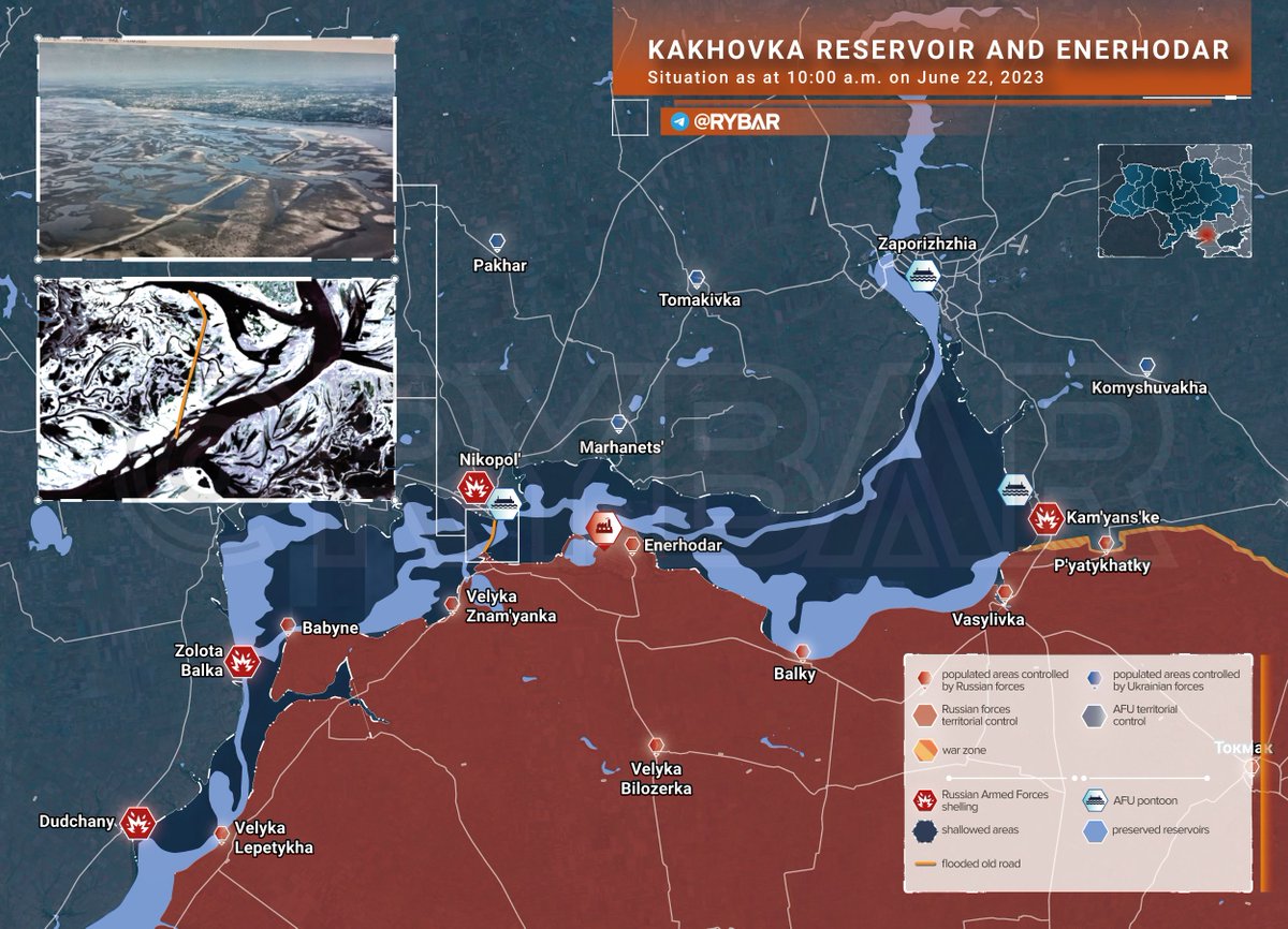 EurekaNews10's tweet image. ⚡️🇷🇺🇺🇦⚔️ La situación en el #embalse de #Kajovskoye - en el fondo se encontró una antigua carretera de #Energodar a #Nikopol ⚡️

🛰 Hay un montón de imágenes de satélite de la poca profundidad #Kakhovskoye Reservoir en la web. Hemos mapeado todos los embalses existentes y hemos