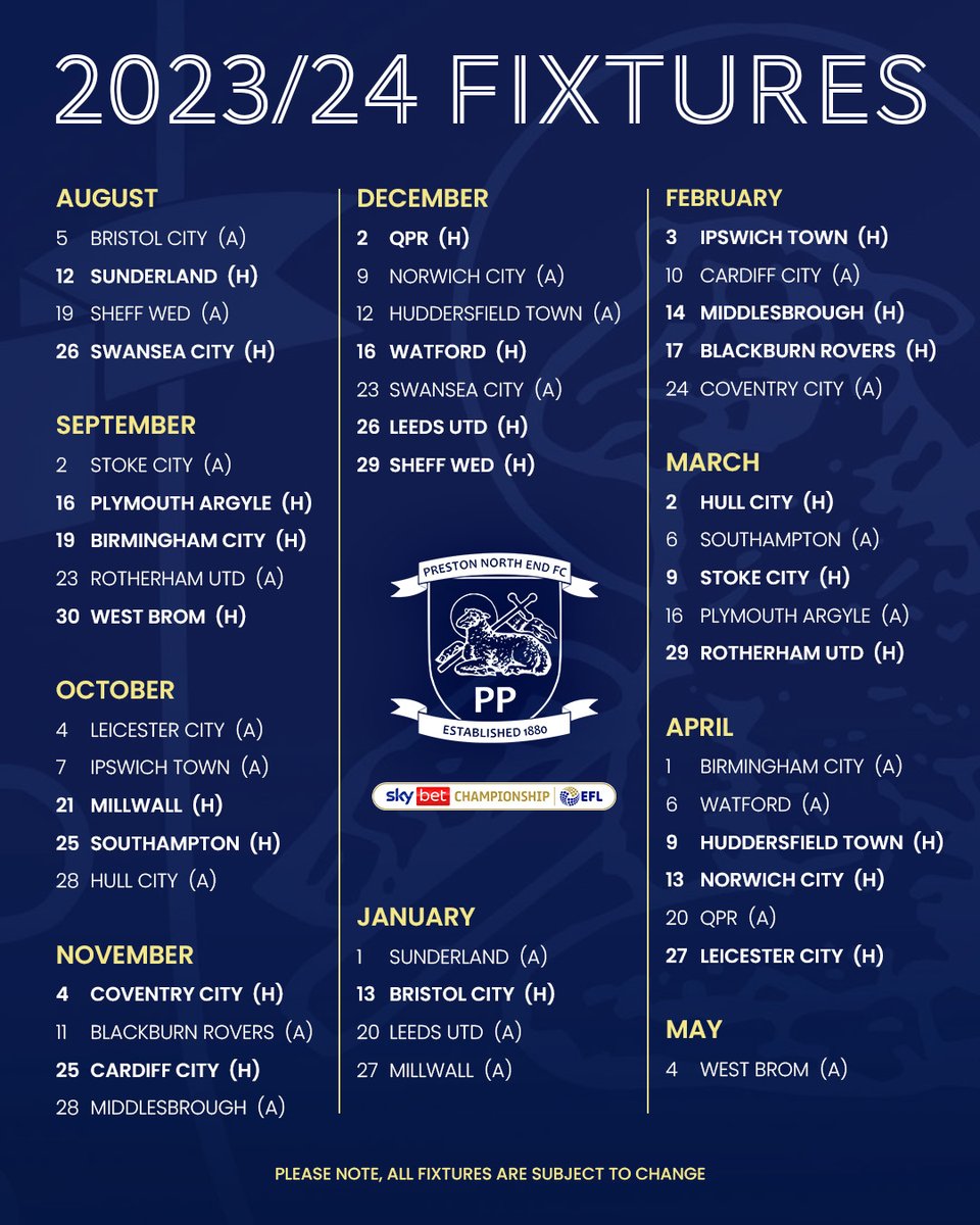 2023/24 Championship Fixtures Confirmed - News - Preston North End