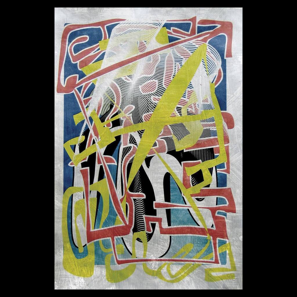 colingoldberg's tweet image. Maculus et Metallum, 2005
Metallic glaze and pigment print on paper. 19x13 inches, unique.

#DailyAIhaiku 

neon code adorns
cybernetic graffiti
tagging up the sprawl

#techspressionism
#workonpaper instagr.am/p/CtyeEMMOBnC/