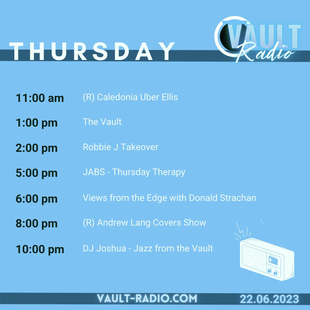 📻 Immerse yourself in new rock/indie music on 'View from the Edge' with Donald Strachan, groove to the infectious beats of Robbie J, and indulge in the soulful sounds of 'Jazz from the Vault' with DJ Joshua. 🎶 Live o vault-radio.com🎙️ #VaultRadio #RadioShows