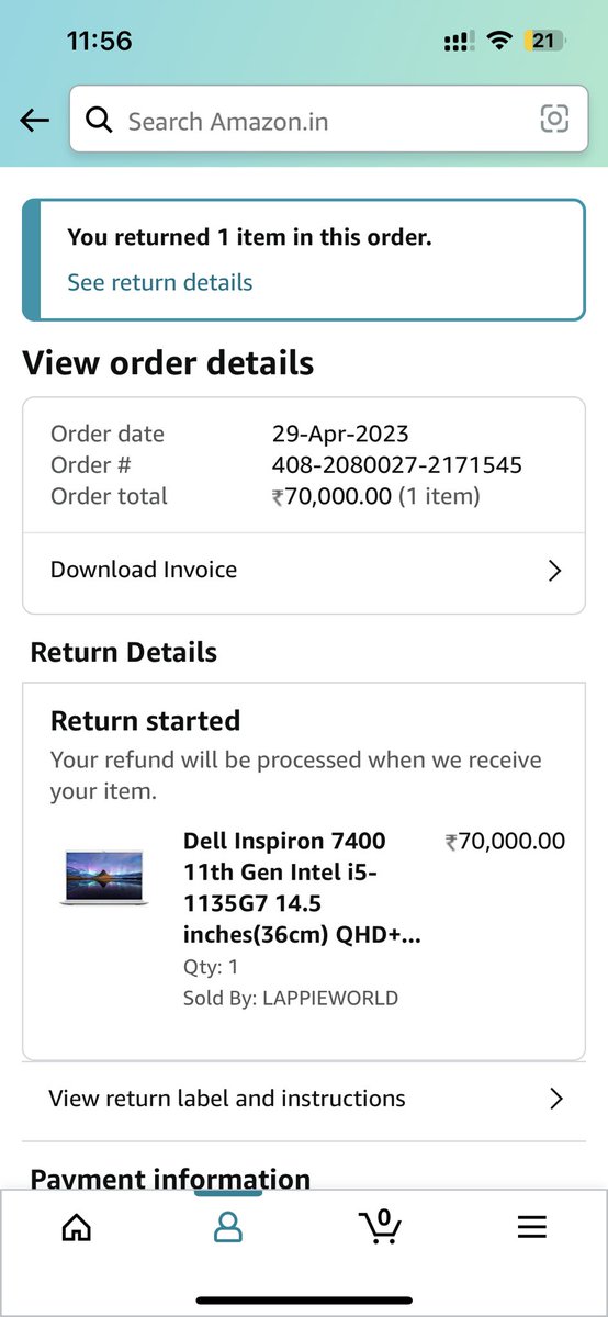 RAJAN2581995's tweet photo. My Amazon SCAM &amp; unfair refund denial. Please refrain yourself to purchase from Amazon.

1/ Beware! I recently fell victim to an Amazon Scam. I want a fair resolution of my issue &amp; raise awareness. It started when I ordered a Laptop of cost Rs. 70000.
#Amazon #SCAM #fraud https://t.co/idCENL52ml