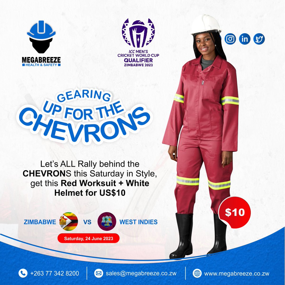 MegabreezePPE's tweet photo. Let’s ALL Gear Up for the #CHEVRONS in Style as Zimbabwe host West Indies this Saturday, get this Red Worksuit + White Helmet for only US$10.

We Will Be There, See you at Harare Sports Club this Saturday, 24 June!

#GoChevrons #ZimbabweCricket #ICCWorldCupQualifiers #CWC23 #PPE https://t.co/nJcVdl1xGB