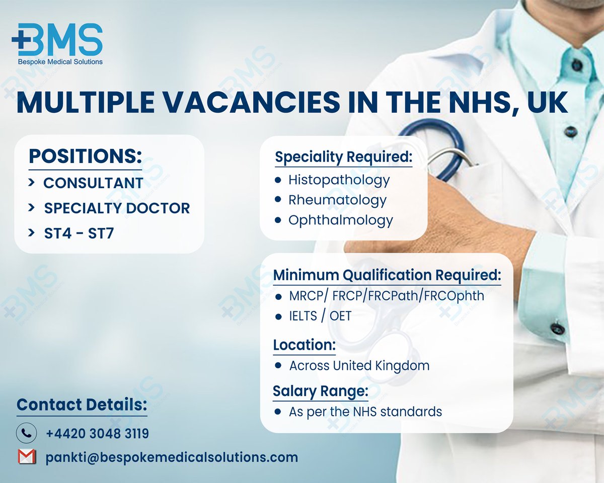 jani_pankt34966's tweet photo. Opportunities for Consultant / Speciality Doctor

#nhs #nhsjobs #asap #FRCPath #FRCP #MRCP #consultants #opportunities #jobsearch #jobalerts #hospital #heathcare #doctors #hiring #permanent #fixedtermcontract #UK https://t.co/sR6eCWat5V
