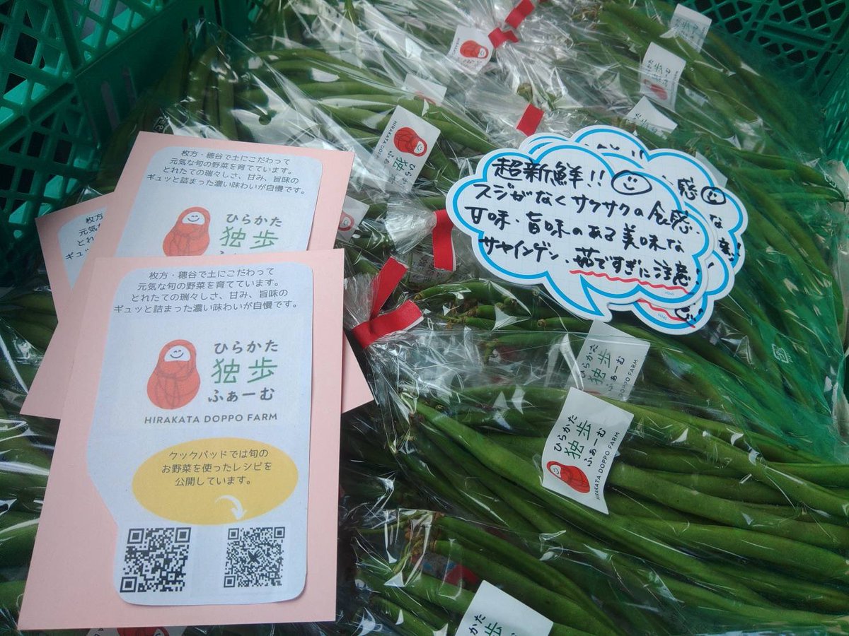 doppo_farm's tweet photo. 【出荷のお知らせ】
京阪百貨店守口店にてサヤインゲンを販売しております。
新鮮で瑞々しいので炒めると特にその美味しさを発揮します！
クックパッドにレシピ多数掲載しておりますので、そちらも是非ご覧ください。
#ひらかた独歩ふぁーむ
#野菜
#クックパッド https://t.co/hoi7Sle6q8