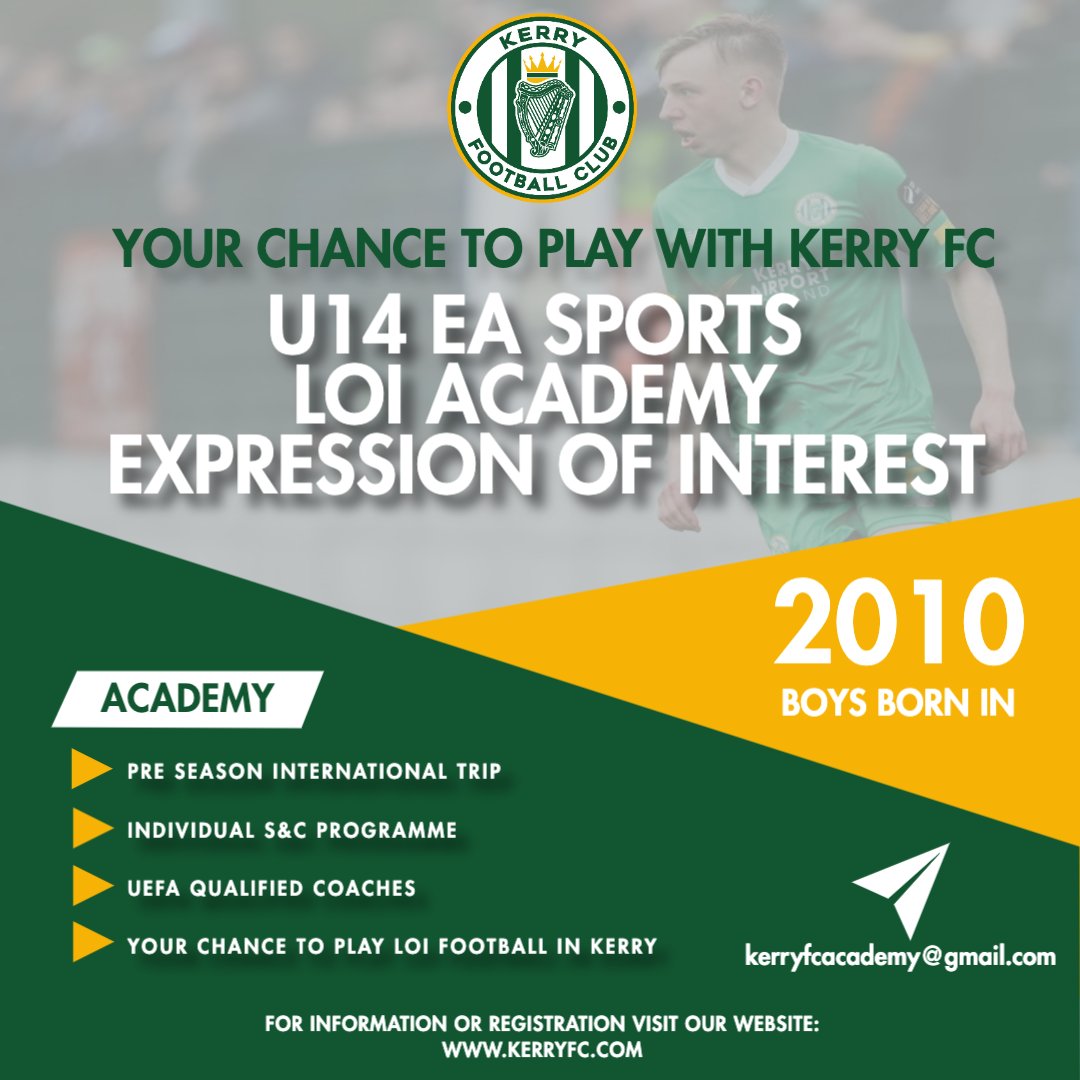 Would you like to play for Kerry FC?  

We are currently building our U14 squad for the 2024 season.  

Boys born in 2010 can register their interest now!  

forms.gle/UU5JVqteGqmxRQ…… 

#WeAreKerryFC