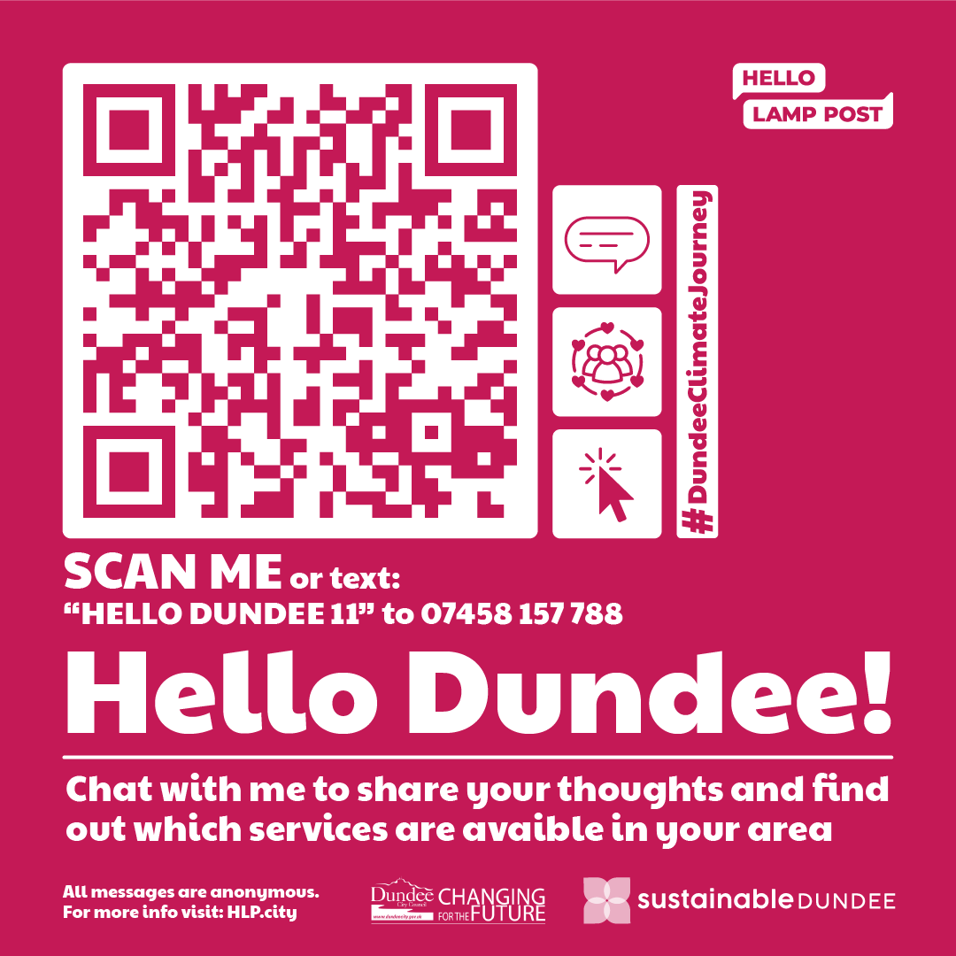 sust_dundee's tweet photo. Objects around Dundee are coming to life!
Chat with us from wherever you are by scanning the sign below, or explore all conversations online: https://t.co/WDTWoLKETO
#DundeeClimateJourney #HelloLampPost #HLP #Dundee https://t.co/jpntASyTvU