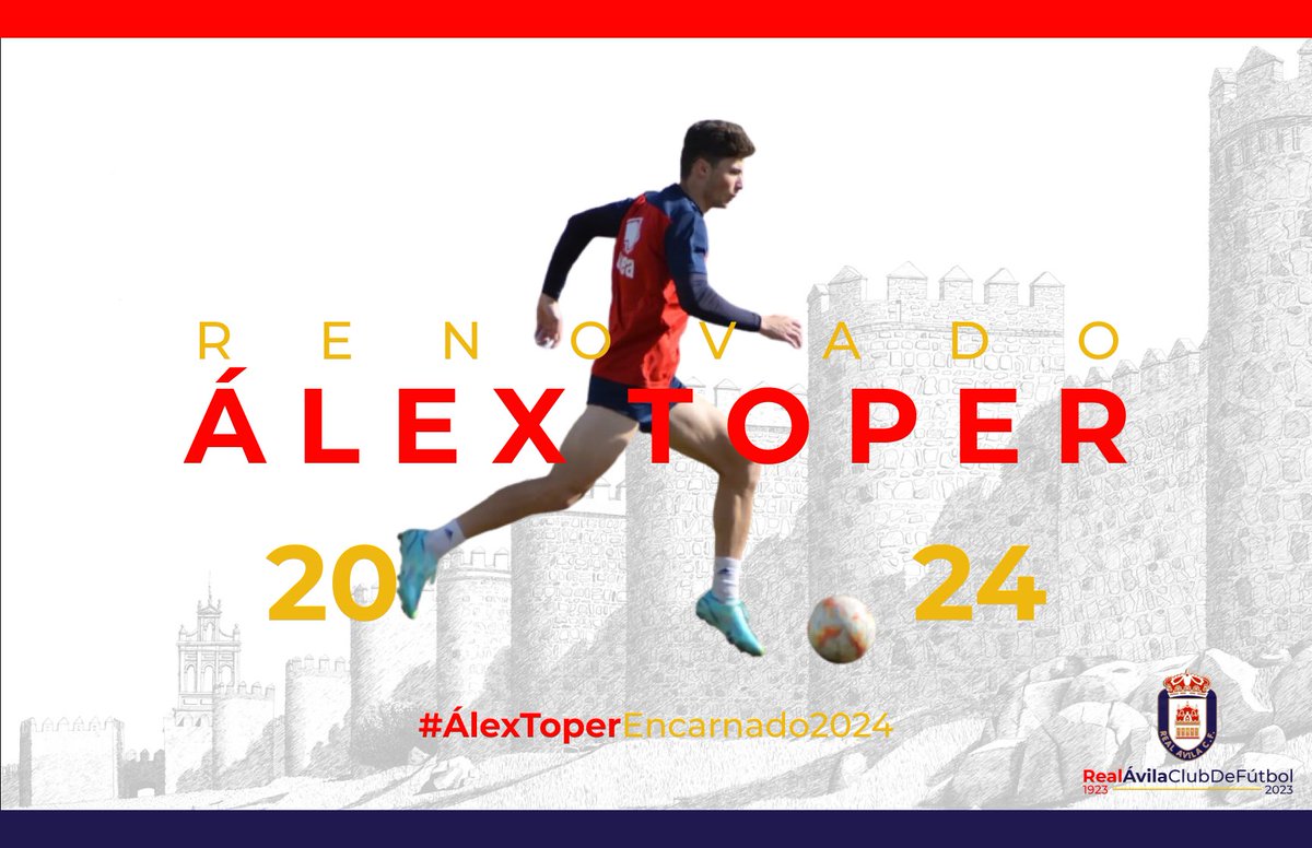 RealAvilaCF's tweet photo. ✍️ 𝐑𝐄𝐍𝐎𝐕𝐀𝐂𝐈𝐎́𝐍 | ALEJANDRO TOPER 

💫 El extremo abulense seguirá recorriendo la banda del Adolfo Suárez durante la temporada 2023-24 ⚽️

#RealÁvilaCF | #SentimientoEncarnado | #Centenario https://t.co/2nxeeWV0p2