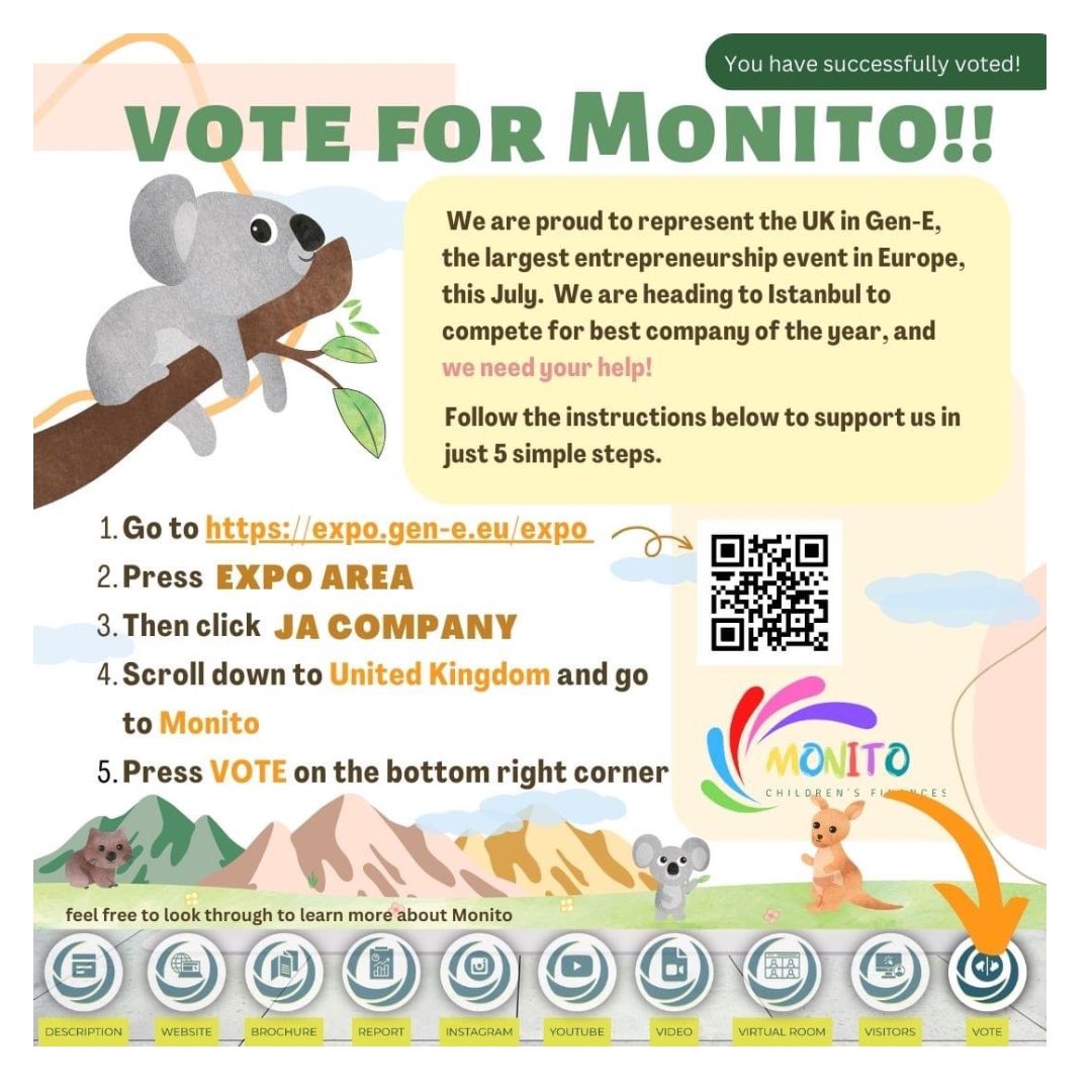 Please vote for our YE team, <a href="/monitouk/">Monito</a> by following the instructions below:

1. Visit expo.gen-e.eu/expo
2. Press the 'Expo Area' button
3. Then click 'JA Company'
4. Scroll down to the United Kingdom and go to 'Monito'
5. Click the 'VOTE' button on the bottom right corner