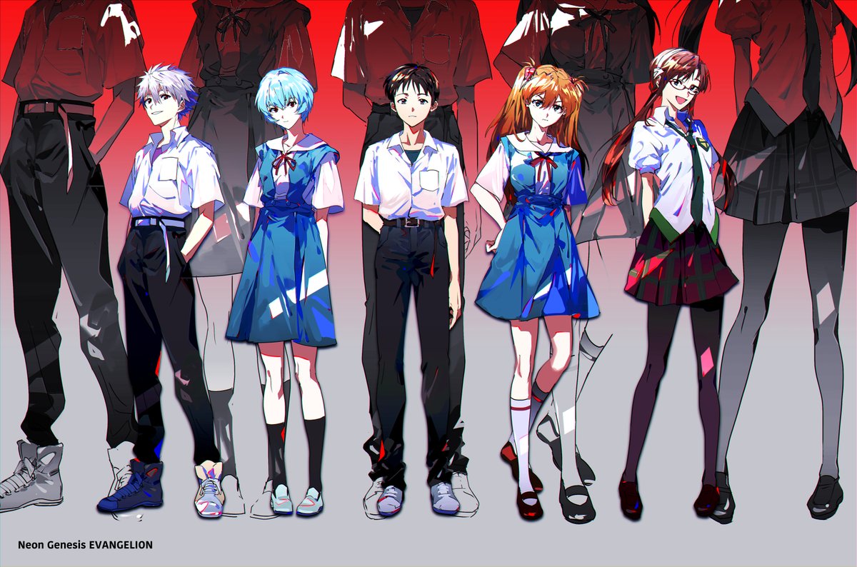 ayanami rei ,ikari shinji ,makinami mari illustrious ,nagisa kaworu ,souryuu asuka langley multiple girls pantyhose multiple boys school uniform glasses skirt blue hair  illustration images