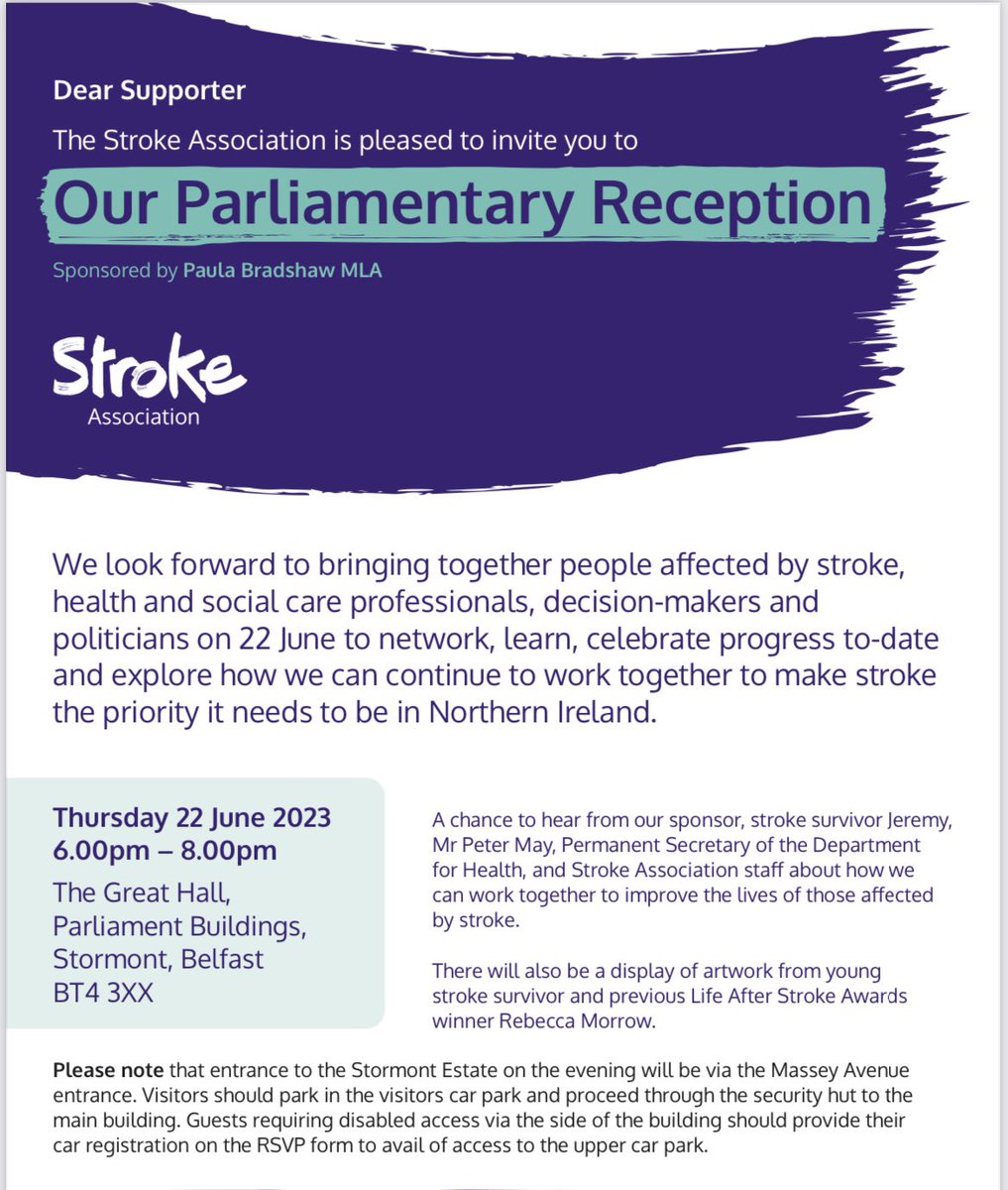 Looking fwd to @strokeassocni Parliamentary Reception at Stormont tonight to share my experience of stroke. Thank you to @PaulaJaneB for sponsoring this event & allowing everyone to come together to help push stroke care up the agenda