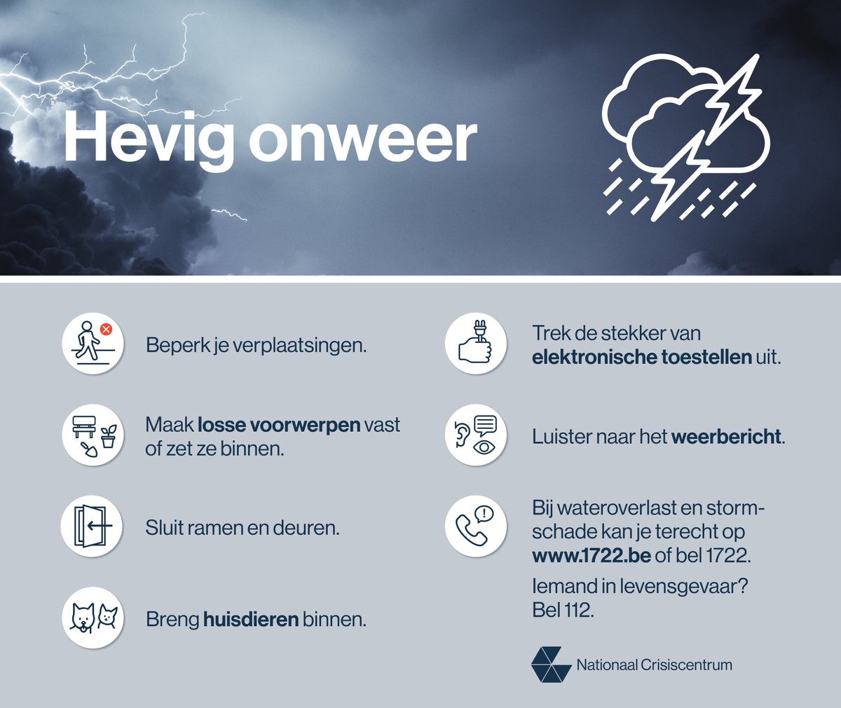 Deze namiddag wordt in het hele land zware regen verwacht. Wees in alle regio's voorzichtig en volg de informatie van <a href="/meteobenl/">KMI</a> en de overheden. Hier al enkele adviezen: shorturl.at/stDX7 en shorturl.at/cxPU1
