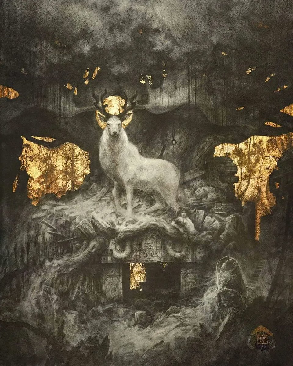 Such ethereal textures with the scattering of gold leaf - gorgeous albino stag by @YLossel #beautifulbizarre