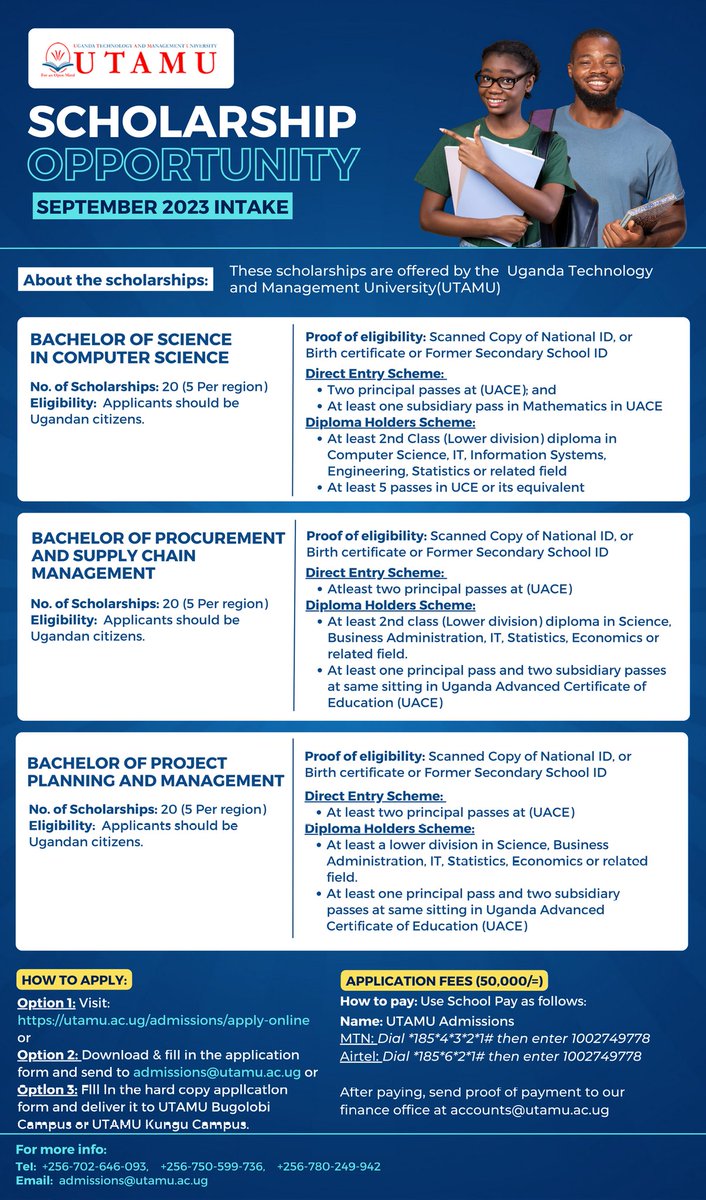 utamu_uni's tweet photo. Scholarships for September 2023 Intake.

Pursue your dreams in Computer Science, Procurement and Supply Chain Management, or Project Planning and Management! 

Secure your future in these high-demand fields. 

For more info👇 https://t.co/7oFVd7CZfo
