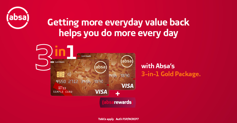 gagasifm's tweet photo. Good things come in threes with Absa’s 3-in-1 Gold Package. Want to win up to R15 000 today? Like and share this post and answer this question: True or false, with Absa’s 3-in-1 Gold Package you get a cheque account, FREE credit card and FREE Rewards? Ts&amp;Cs apply. https://t.co/E9WqFljOJw
