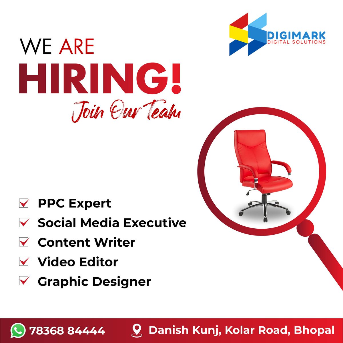 Are you looking for a job vacancy in a digital marketing agency? If yes, then your wait ends here. We are hiring passionate individuals for the following profiles.

+91-7836884444
ssdigimark.com

#ppcexpert #socialmedia #contentwriter #videoeditor #graphicdesigner