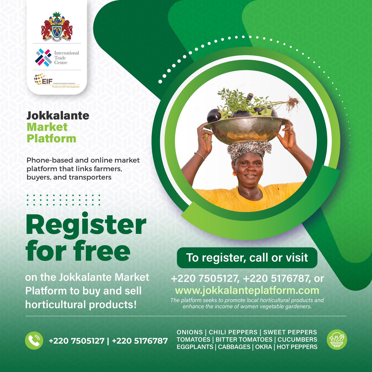 Enhancing market access for women horticultural producers🧅

Our EIF-funded Jokkalante is a digital platform that connects buyers, sellers &amp; transporters for transactions.

Send “hi” to +220 5293333 on WhatsApp to start the registration process, or visit: jokkalanteplatform.com.