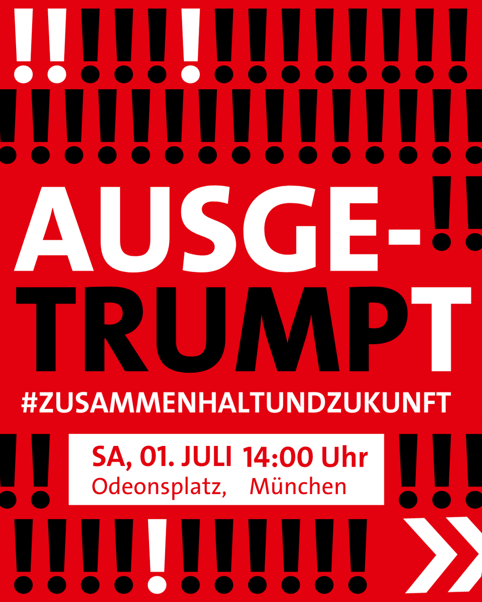 BayernSPD's tweet photo. Die Gruber-Demo in Erding hat gezeigt: Die Demokratie muss jeden Tag aufs Neue verteidigt werden! Hubert Aiwanger und Markus Söder haben unter Beweis gestellt, dass sie bereit sind, mit Lügen und antidemokratischen Parolen einen rechten Kulturkampf zu befeuern. 🚫

Um dagegen klar Position zu beziehen, rufen wir auf zur #AusgeTrumpt Demo. Denn Bayern braucht keine politische Spaltung, sondern Klimaschutz, billige Energie, bezahlbare Wohnungen, gute Löhne und vor allem: eine Demokratie, die lebt und verteidigt. Und das schaffen wir nur gemeinsam! 🏡 🔋📣

Sei dabei und bekenne dich mit uns zusammen zu Lösungen und Diskurs statt Hass und Hetze. 🌈💪✊

Die BayernSPD, BÜNDNIS 90/DIE GRÜNEN, ver.di Bayern, VCD Bayern, Deutscher Mieterbund Landesverband Bayern, Mieterverein München, AWO Landesverband Bayern, AWO München Stadt, Campact, ÖDP, VOLT, FORUM Gemeinsam gegen das Zwischenlager und für eine verantwortbare Energiepolitik e.V., Christian Springer, Prof. Dr. Michael Sterner und viele andere veranstalten gemeinsam die Demonstration. 🤝

⏰ Samstag, 01. Juli ab 14:00 Uhr
📍 Odeonsplatz, München

#MachenStattSödern #SozialePolitikFürDich #BayernSPD #GemeinsamFürBayern #KeinPlatzFürRechtspopulismus

@BayernSPD @Gruene_Bayern @verdibayern @VcdBayern @DMB_Bayern @Mieterverein_M @AWOMuc @oedpbayern @campact @VoltBayern @Springermunich @prof_sterner