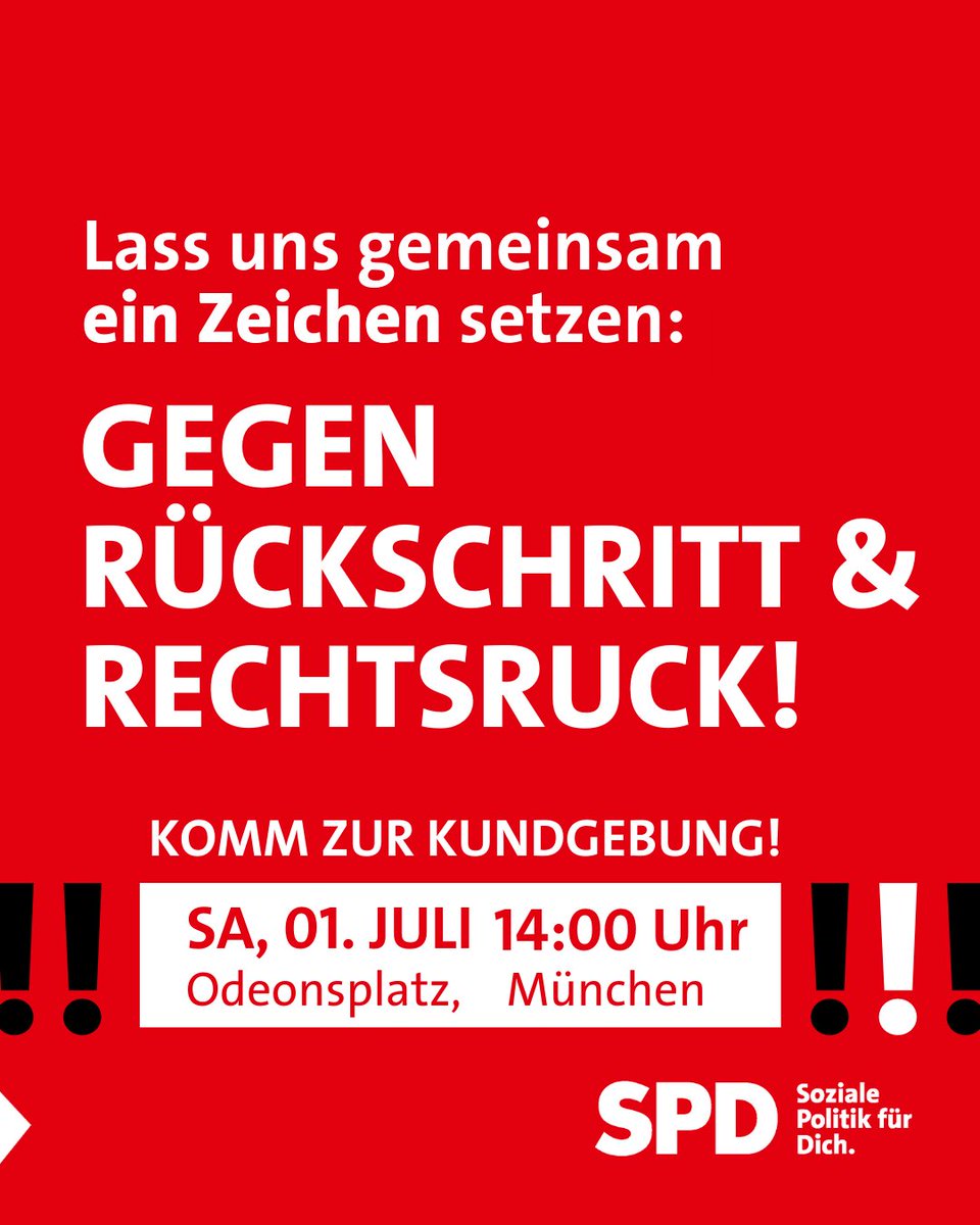 BayernSPD's tweet photo. Die Gruber-Demo in Erding hat gezeigt: Die Demokratie muss jeden Tag aufs Neue verteidigt werden! Hubert Aiwanger und Markus Söder haben unter Beweis gestellt, dass sie bereit sind, mit Lügen und antidemokratischen Parolen einen rechten Kulturkampf zu befeuern. 🚫

Um dagegen klar Position zu beziehen, rufen wir auf zur #AusgeTrumpt Demo. Denn Bayern braucht keine politische Spaltung, sondern Klimaschutz, billige Energie, bezahlbare Wohnungen, gute Löhne und vor allem: eine Demokratie, die lebt und verteidigt. Und das schaffen wir nur gemeinsam! 🏡 🔋📣

Sei dabei und bekenne dich mit uns zusammen zu Lösungen und Diskurs statt Hass und Hetze. 🌈💪✊

Die BayernSPD, BÜNDNIS 90/DIE GRÜNEN, ver.di Bayern, VCD Bayern, Deutscher Mieterbund Landesverband Bayern, Mieterverein München, AWO Landesverband Bayern, AWO München Stadt, Campact, ÖDP, VOLT, FORUM Gemeinsam gegen das Zwischenlager und für eine verantwortbare Energiepolitik e.V., Christian Springer, Prof. Dr. Michael Sterner und viele andere veranstalten gemeinsam die Demonstration. 🤝

⏰ Samstag, 01. Juli ab 14:00 Uhr
📍 Odeonsplatz, München

#MachenStattSödern #SozialePolitikFürDich #BayernSPD #GemeinsamFürBayern #KeinPlatzFürRechtspopulismus

@BayernSPD @Gruene_Bayern @verdibayern @VcdBayern @DMB_Bayern @Mieterverein_M @AWOMuc @oedpbayern @campact @VoltBayern @Springermunich @prof_sterner