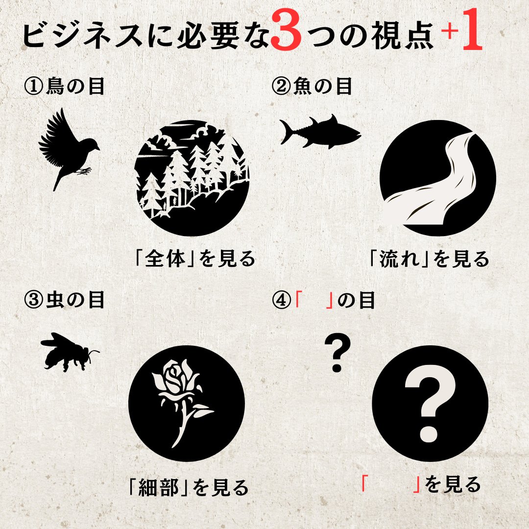 ビジネスで成功するにはこの視点！
「鳥の目」「魚の目」「虫の目」もう一つの④わかりますか？リプ欄にどうぞ↓