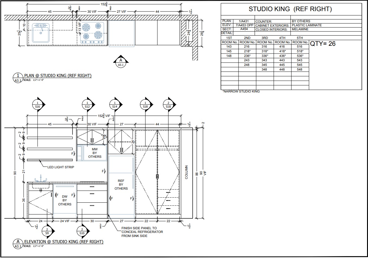 Millwork shop drawings and custom cabinetry shop drawings.