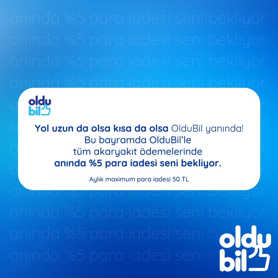 Bu bayram da yolculuğun keyfini OlduBil’liler çıkarıyor!

OlduBil Mastercard’ınla yapacağın tüm akaryakıt ödemelerinde anında %5 para iadesi hesabında. 💙

Yola çıkmadan uygulamayı indirmeyi unutma!

#OlduBil #KurbanBayramı #akaryakıt