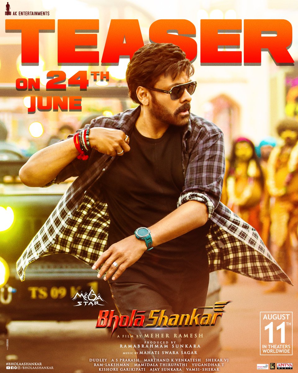 Get ready for an explosion of excitement and a MEGA CELEBRATION like never before 💥

The electrifying #BholaaShankar Teaser on June 24th🔥

Mega🌟@KChiruTweets @MeherRamesh @AnilSunkara1 @tamannaahspeaks @KeerthyOfficial @iamSushanthA @SagarMahati @dudlyraj @AKentsOfficial…