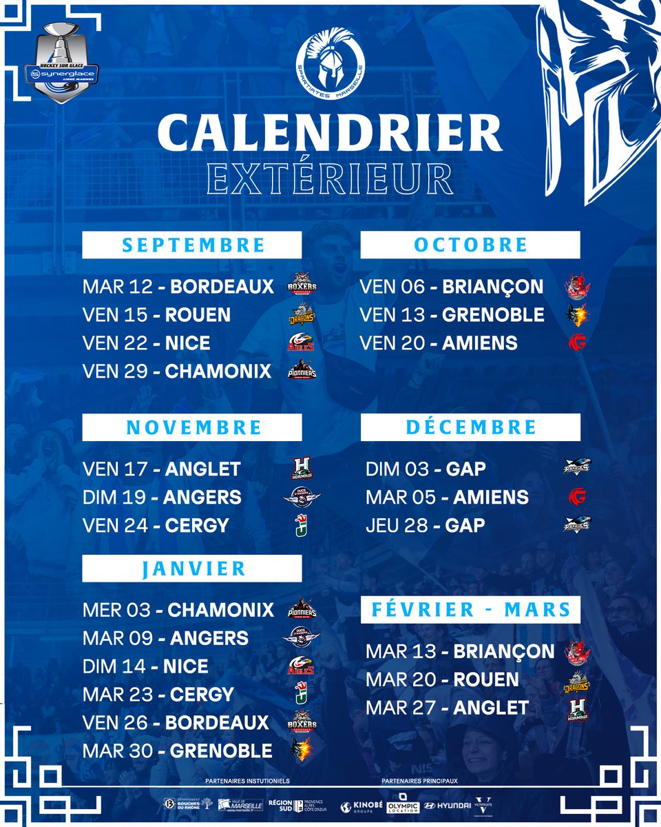SpartsMarseille's tweet image. 𝐂𝐀𝐋𝐄𝐍𝐃𝐑𝐈𝐄𝐑 𝟐𝟎𝟐𝟑-𝟐𝟎𝟐𝟒 🗓  La FFHG vient de dévoiler le calendrier officiel de la @LigueMagnus  pour la saison 23/24 ! 🏆

Nous débuterons la saison à la maison face aux @Lesrapacesdegap  le 𝐒𝐚𝐦𝐞𝐝𝐢 𝟎𝟗 𝐒𝐞𝐩𝐭𝐞𝐦𝐛𝐫𝐞 ! ⚔️

#AllezLesSpartiates 🔵⚪️