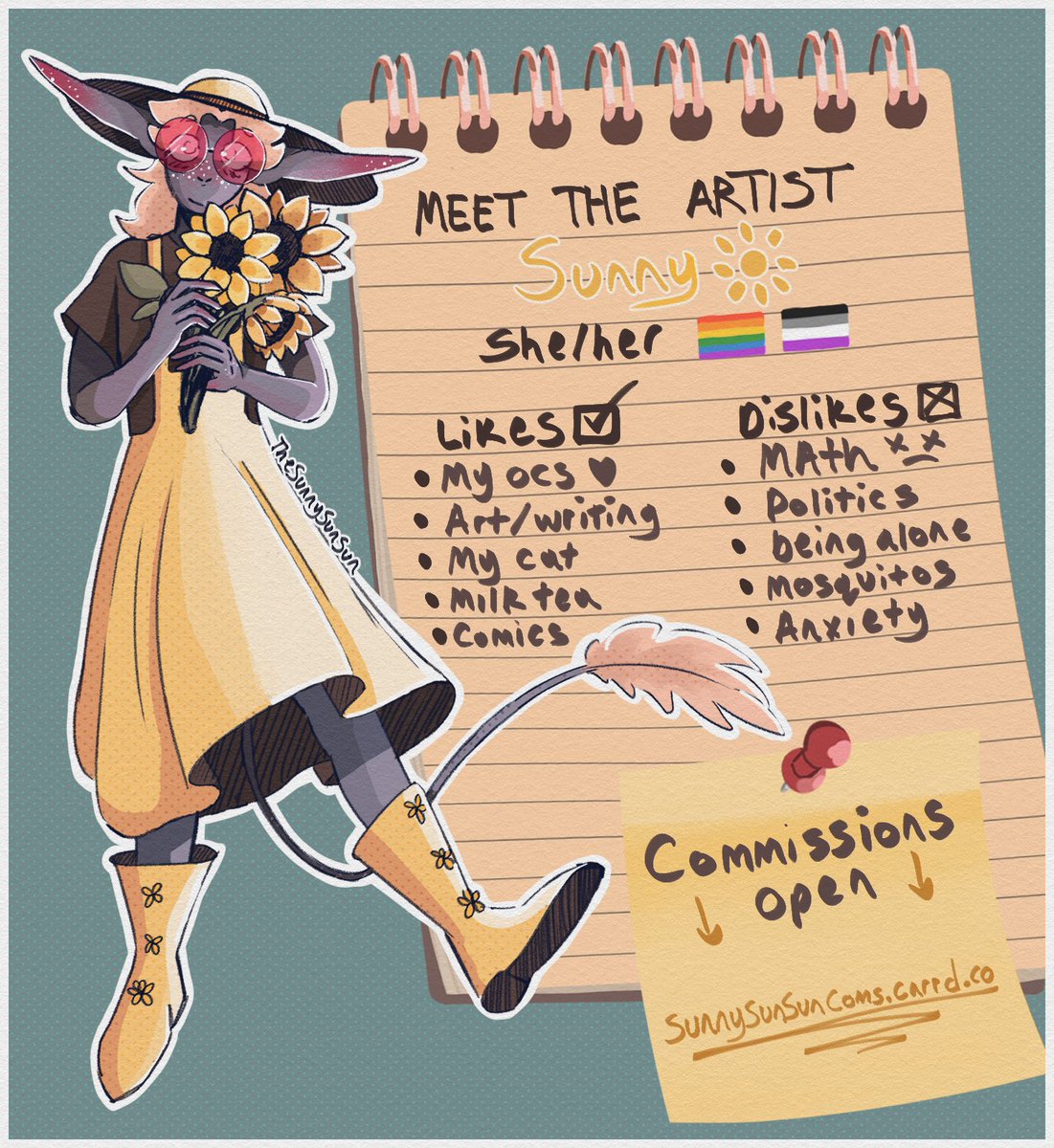 🌻☀️HELLO! I'm Sunny☀️🌻
 a digital and traditional artist who lots of fanart + personal work
If you want to watch me grow give me a follow

🌻MY COMMISSIONS ARE OPEN🌻
10 -70 USD
sunnysunsuncoms.carrd.co

⇣ For more info check out my commission page! ⇣
x.com/thesunnysunsun…