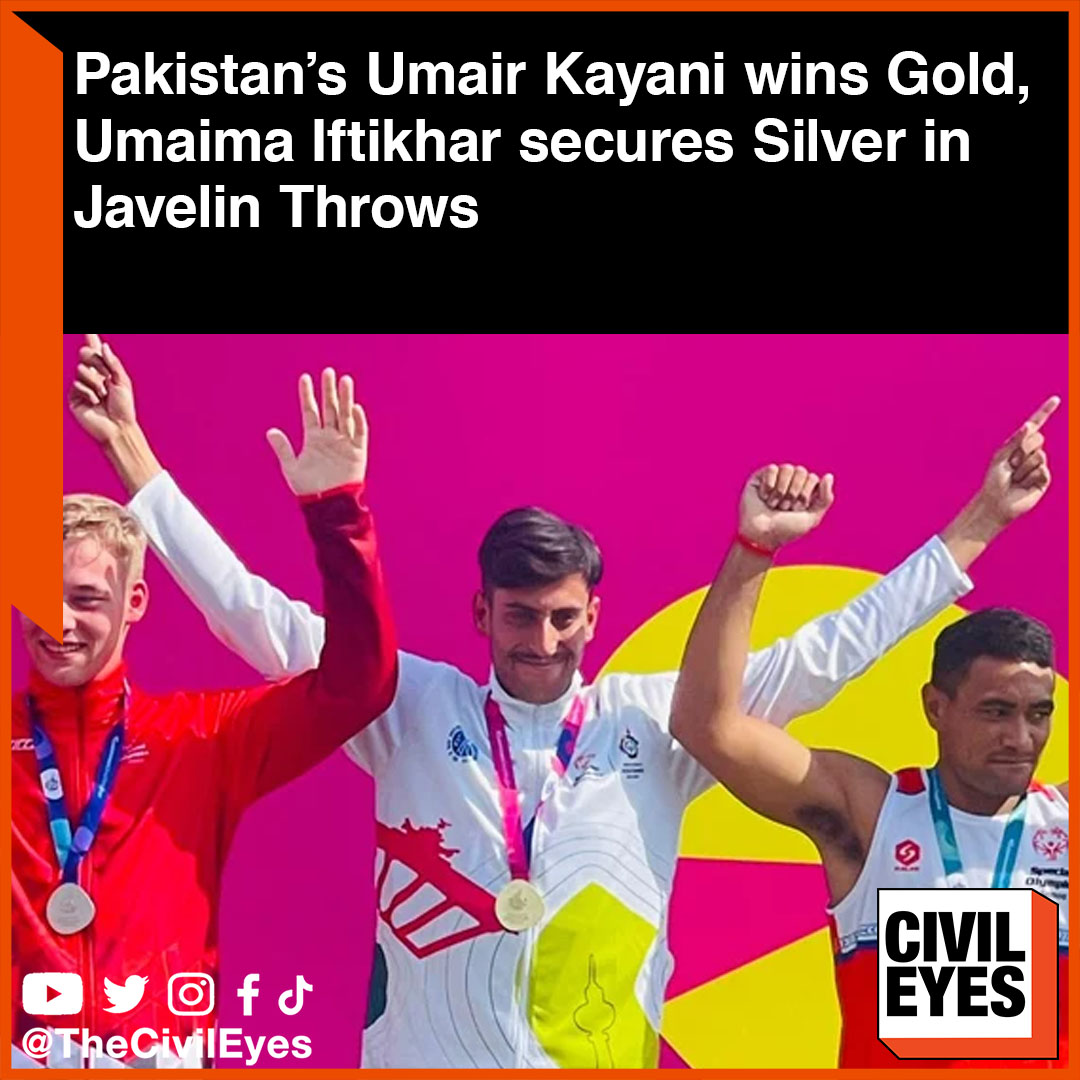 In the javelin men's event of the 16th Special Olympic World Games of Athletics, Pakistan's Umair Kayani won the gold medal with a throw of 38.81 meters, while Umaima Iftikhar of #Pakistan won the silver medal with a throw of 10.47 meters in the women's javelin event.