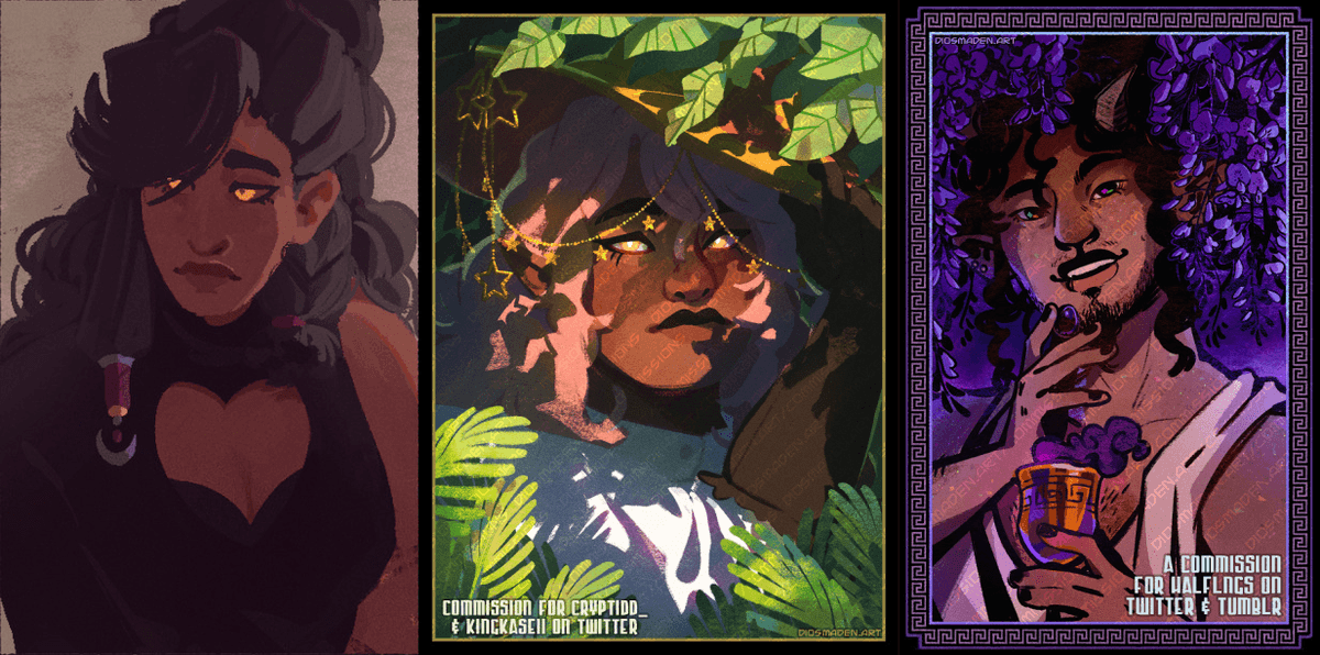 🌟All my info &amp; the form you can fill out are found on my website: diosmaden.art/commissions?re…

Here's some examples of the kind of stuff you can get from me! Prices begin at £60 for simpler pieces and go up from there: