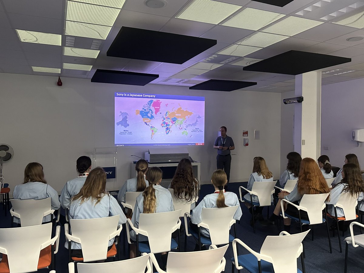 Year 7 girls receiving a presentation about Sony at the @SonyUKTEC @Steve_Lewis81  - can’t wait for the rest of the day! #computing #teachcomputing @ChepICTandCS