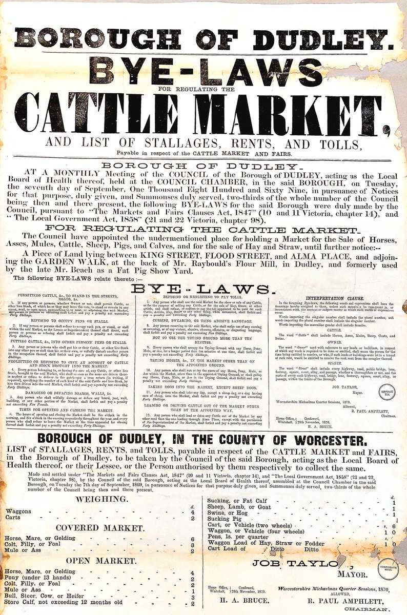 #Dudley Cattle Market, due to publicly open on 5 Oct 1869 on land between King Street, Flood Street & Alma Place, adjoining the Garden Walk, was formerly used as a ‘Fat Pig Show Yard’.

[PO/689] 28 Nov 1870, advertised the market rules & rents

#FaunaFriday #ExploreYourArchives