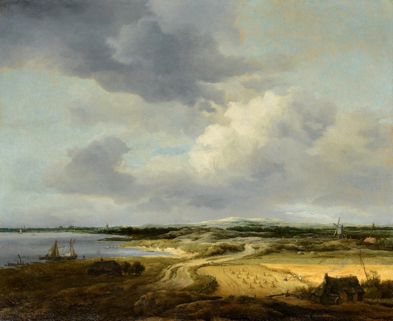 'Panoramic Landscape with Cornfields and Dunes beside the Sea' shows a low-lying land and huge expanse of sky, combining Ruisdael’s ability to capture the effects of light and movement with an understanding of nature’s smallest details. It's believed to be an imaginary landscape.