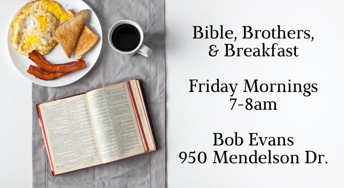 Coming up tomorrow it's Bible, Brothers, &amp; Breakfast at Bob Evans. Get your Proverbs and poached eggs. 🍳📖