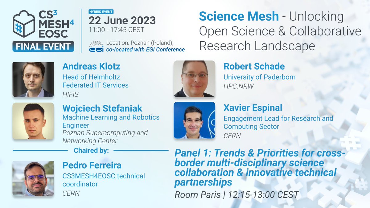 📌#ScienceMesh live panel @EGI_eInfra #EGI2023!

🙌Pedro Ferreira #CS3MESH4EOSC Technical Coordinator @CERN @XaviEspinal @CERN Andreas Klotz @HZBde Wojciech Stefaniak @pcss_psnc Robert Schade @unipb

🚀Democratising access to #research tools #data to foster #scientific innovation